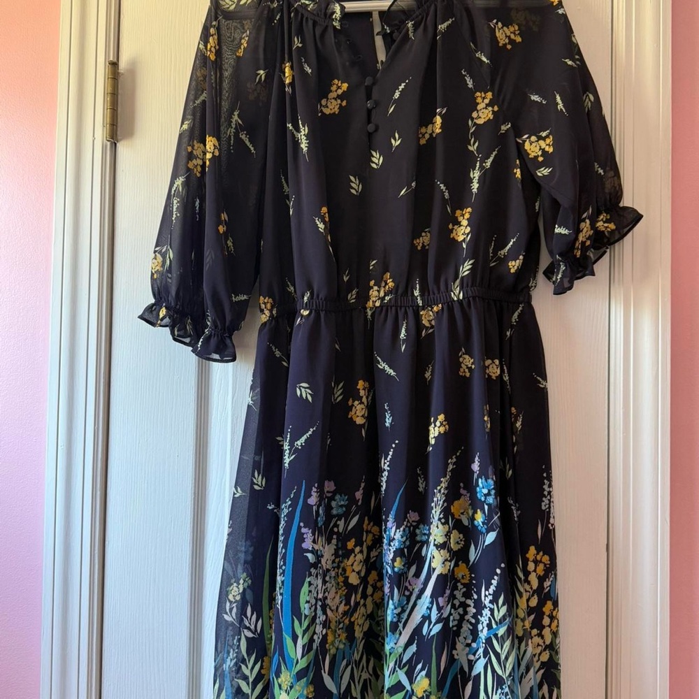 London Times Navy Dress with Gold Accents